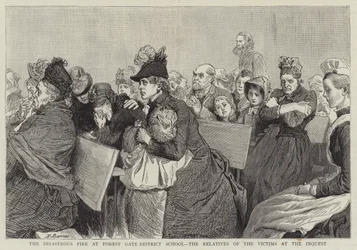 Das katastrophale Feuer in der Forest Gate District School, die Verwandten der Opfer bei der Untersuchung